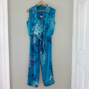 Blue Sleeveless Two Piece Set with Fish Print‎